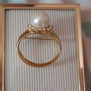 Gold Pearl Halo Ring with Clear Crystal Accents